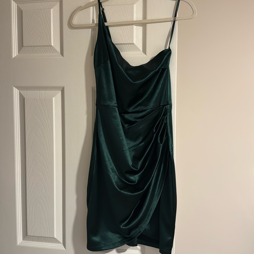 Green satin one shoulder strap dress